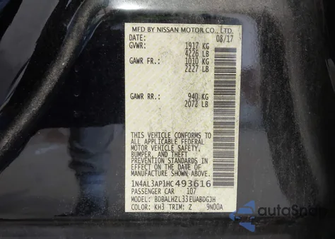 2017 Nissan Altima 2.5 Sr from USA, damaged, VIN 1N4AL3AP1HC493616